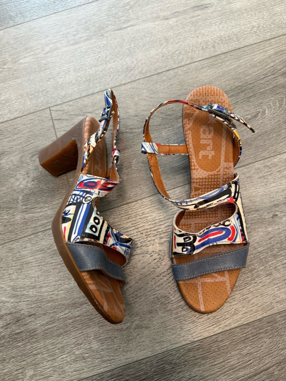 The Art Company Graphic Leather Block Heel Sandals - Blue Accents size 40